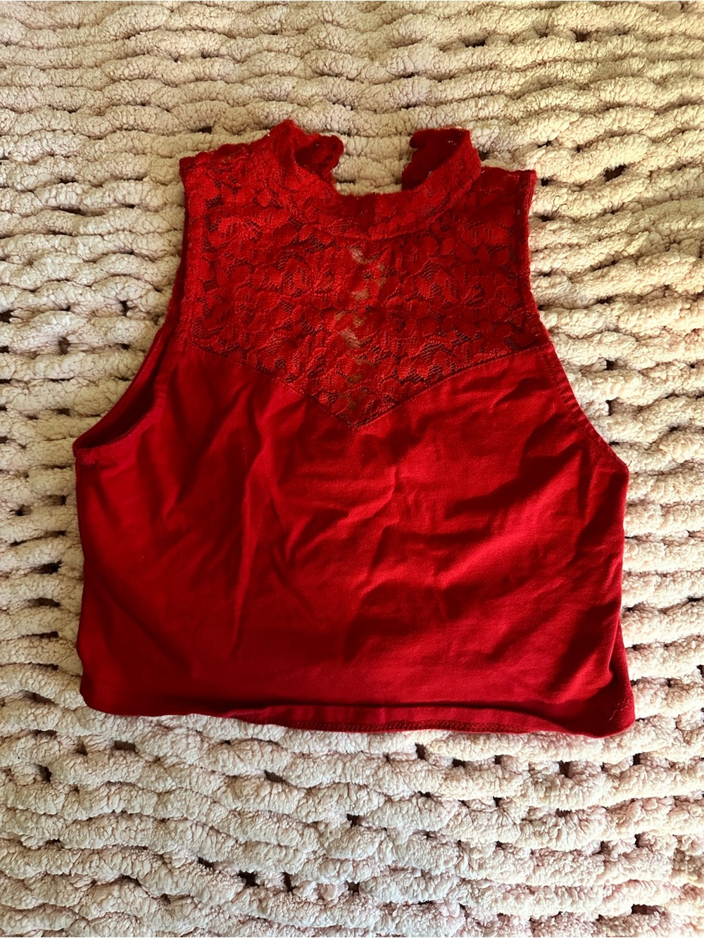 Ambiance Red Lace Yoke Mock Neck Crop Camisole